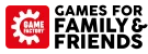 Ein weißes Zahnrad mit rotem GAME FACTORY-Schriftzug steht neben dem schwarzen Slogan „GAMES FOR FAMILY & FRIENDS“.
